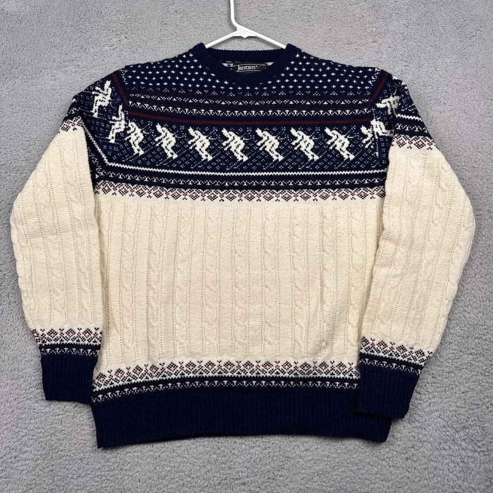 Jantzen Sweater Mens 2XLT White‎ Navy Fair Isle Ski Cable Knit Pullover Winter